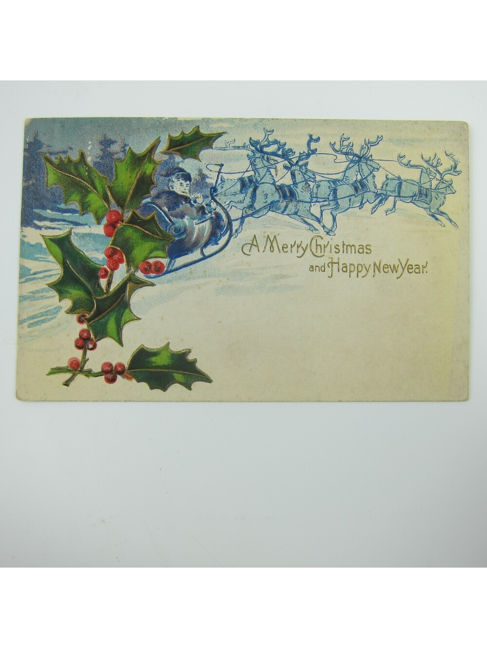 Christmas Postcard Santa Sleigh Reindeer Holly Berry Gold Embossed Antique 1908